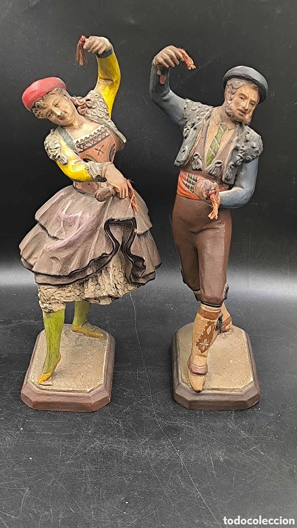 Art: Pareja goyesca de barros malague&ntilde;os antiguos. S XIX terracota.