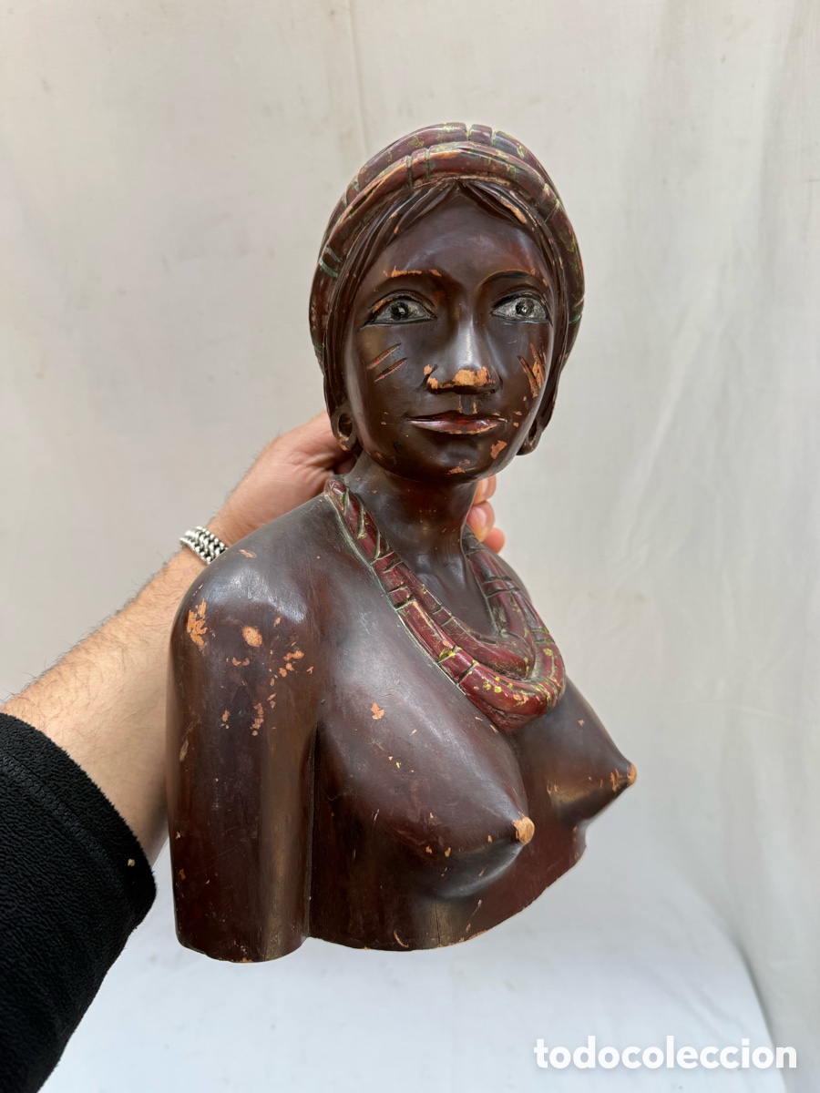 Arte: Antiguo y precioso busto tallado en madera,Tribu!