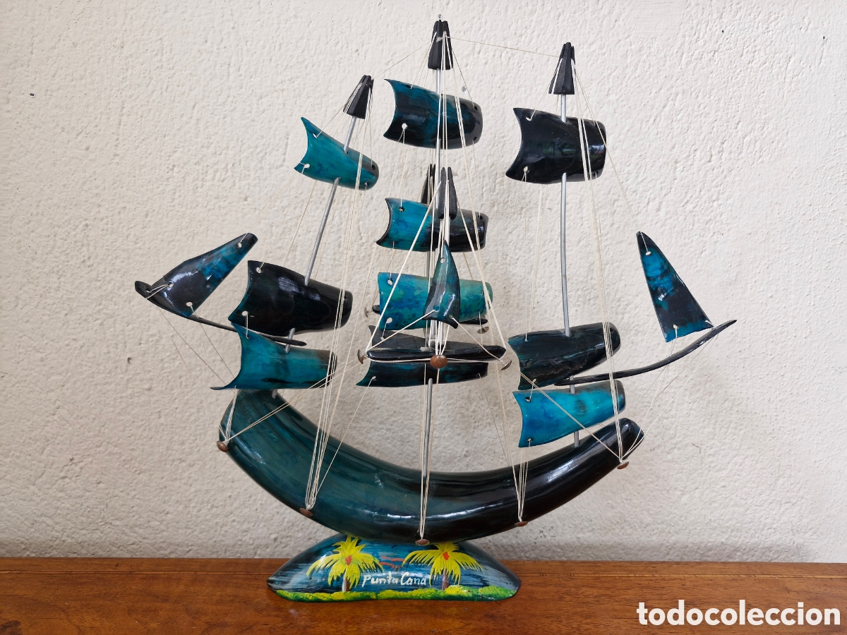 Arte: PRECIOSO BARCO DE VELA HECHO ARTESANALMENTE CON CUERNOS DE ANIMALES