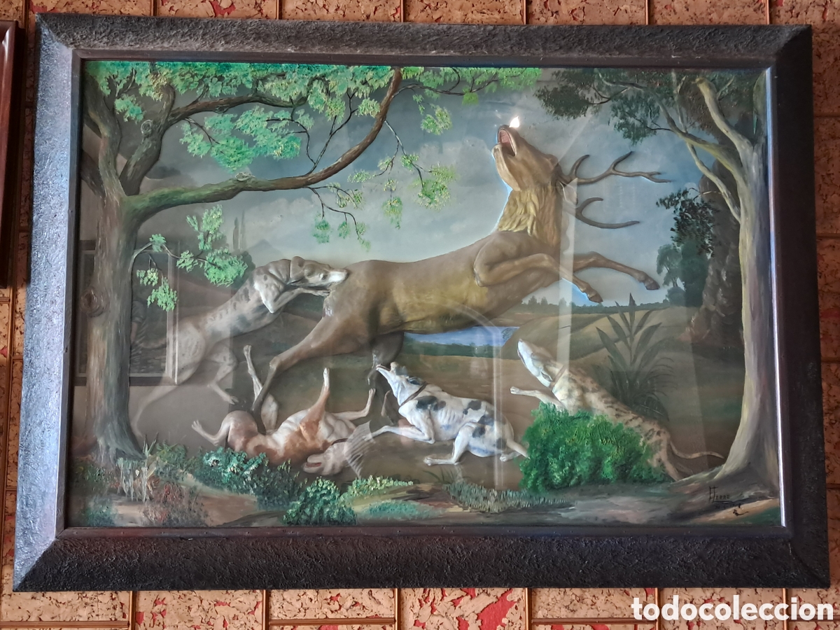 Arte: Reproducci&oacute; amb relleu de C&eacute;rvol assetjat per una gossada de gossos.Paul de Vos