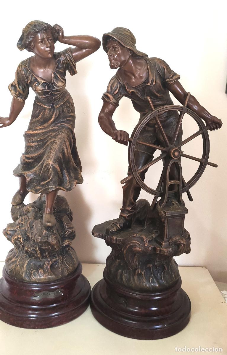 Arte: Pareja de esculturas de broce o calamina policromada, por artista franc&eacute;s Raphanel, S XIX.