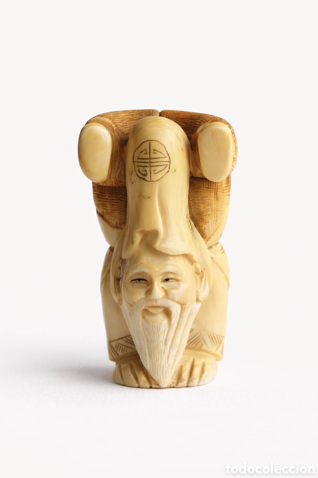 Arte: Netsuke japon&eacute;s antiguo firmado &ndash; Kōgyoku (光玉) &ndash; figura acrob&aacute;tica con simbolismo de longevidad