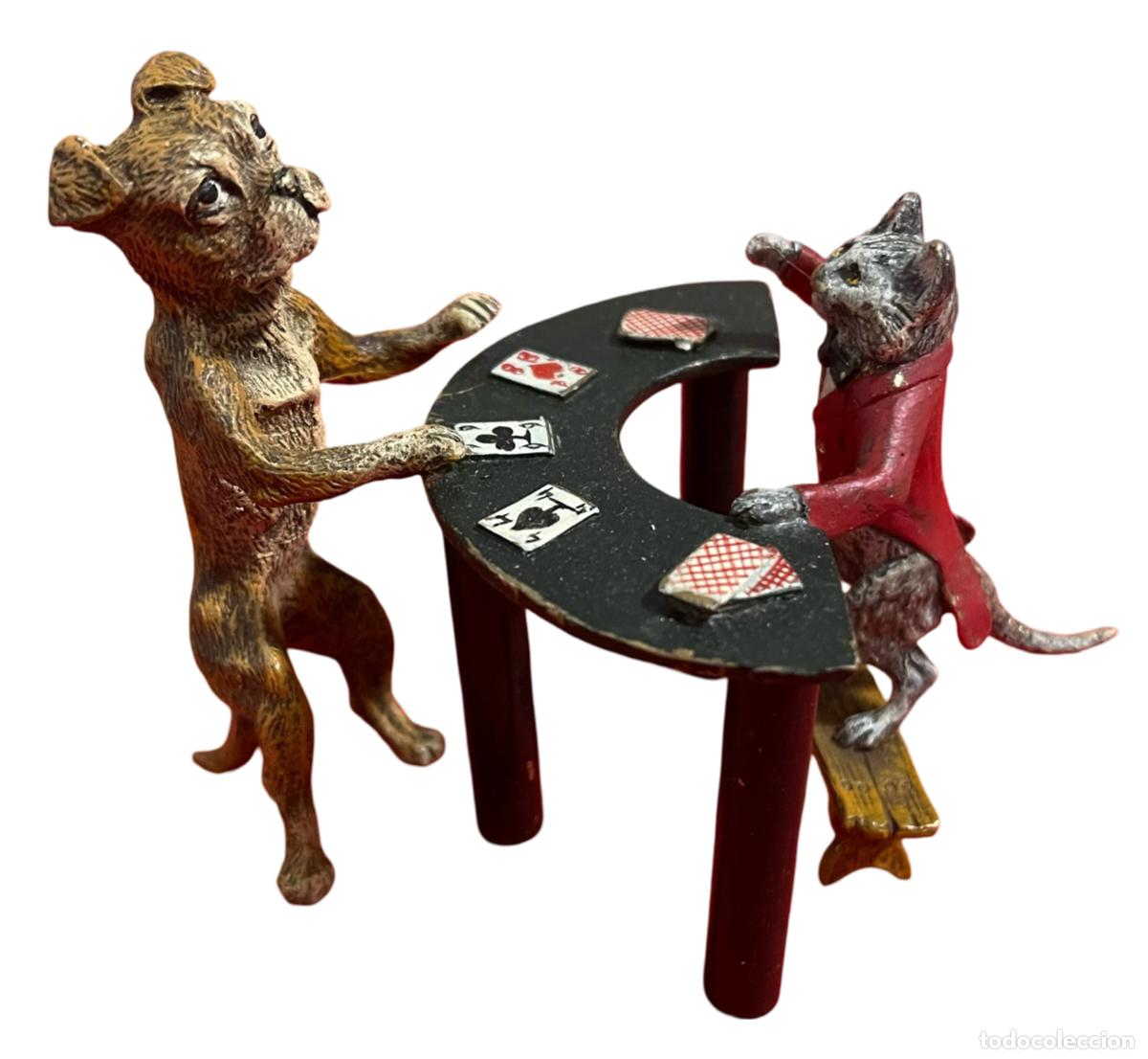 Arte: UN PERRO Y 2 CERDOS JUGANDO A LAS CARTAS. - BRONCE (DORADO/PLATEADO/PATINADO/PINTADO EN FR&Iacute;O) - 1900