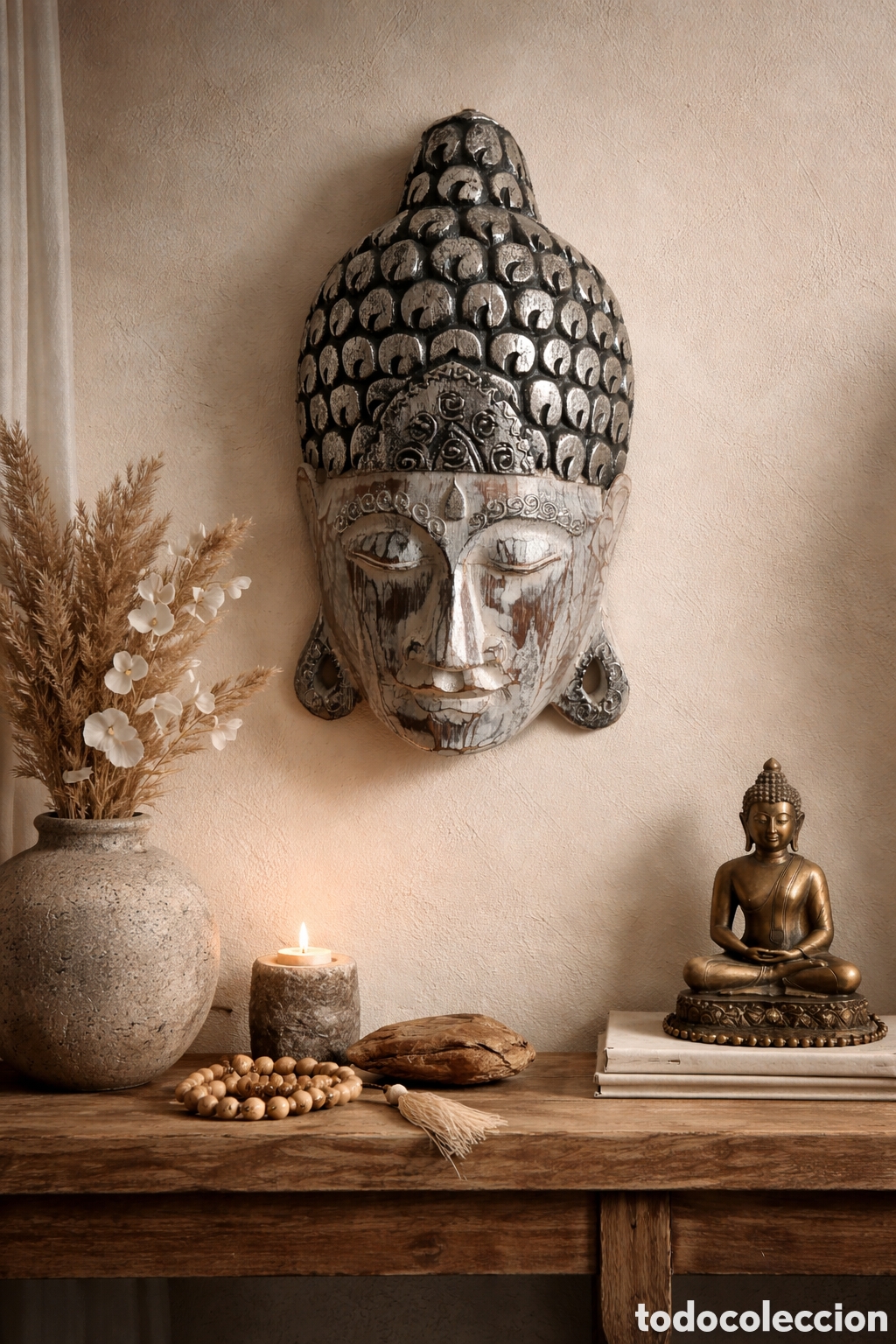 Arte: M&aacute;scara de Buda de madera tallada 30 cm | Decoraci&oacute;n zen &eacute;tnica pared