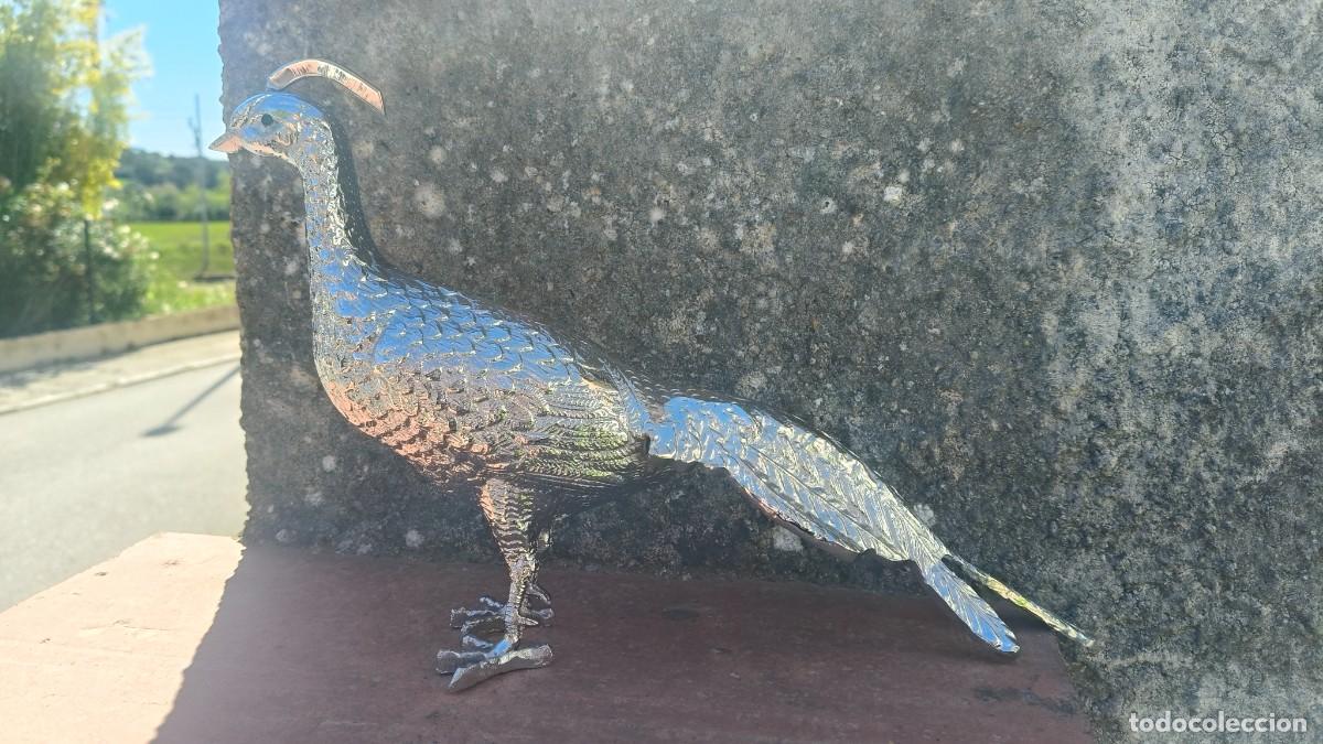 Arte: Sculpture bronze argent&eacute; d un faisan 1970