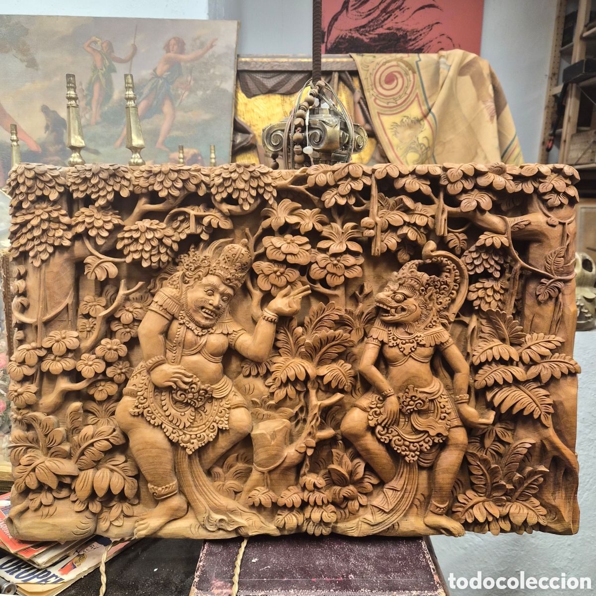 Arte: Relieve Talla de madera Balinesa escena Hind&uacute; tama&ntilde;o mediano arte oriental