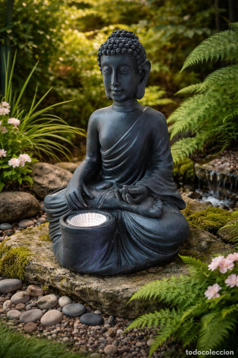 Arte: Buda decorativo jard&iacute;n con luz LED solar 30 cm figura zen poliresina
