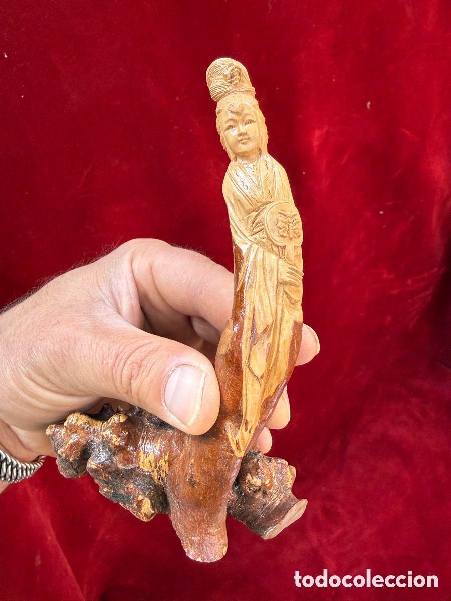 Arte: Antigua escultura tallada en madera Diosa Guanyin,sello!