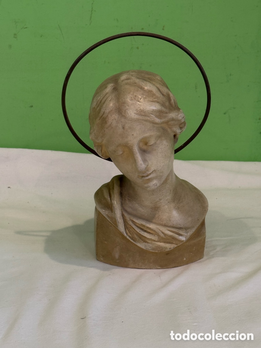 Arte: Santa Cecilia busto religioso alabastro escultura firmada iniciales siglo XX enmarcado .