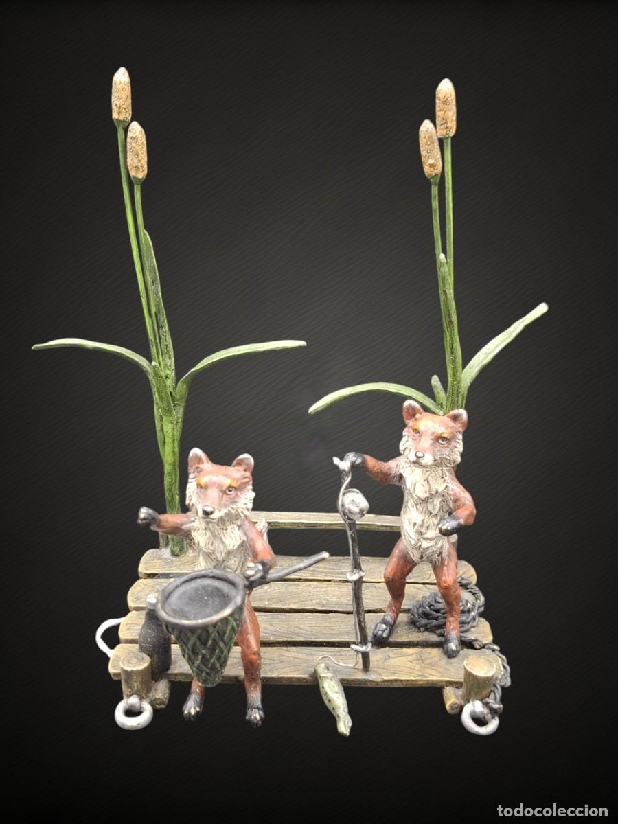 Arte: + PAREJA DE ZORROS PESCANDO EN BRONCE POLICROMADO DE VIENA - CON SELLO