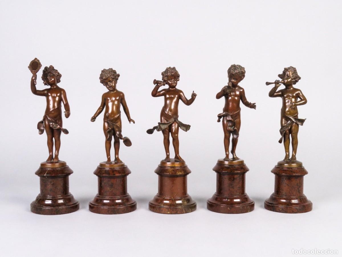 Arte: 5 esculturas ni&ntilde;os m&uacute;sicos con marcas de fundici&oacute;n siguiendo modelo de Auguste Moreau siglo XIX