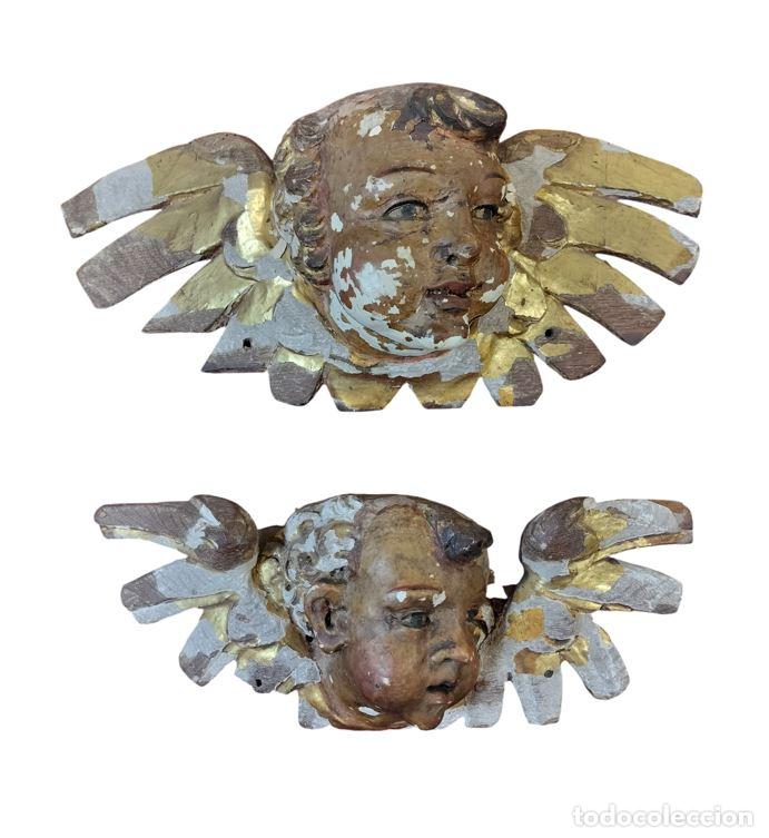 Arte: PAREJA DE CABEZAS DE QUERUBINES ALADOS. TALLA EN MADERA POLICROMADA. ESPA&Ntilde;A. SIGLO XVIII.