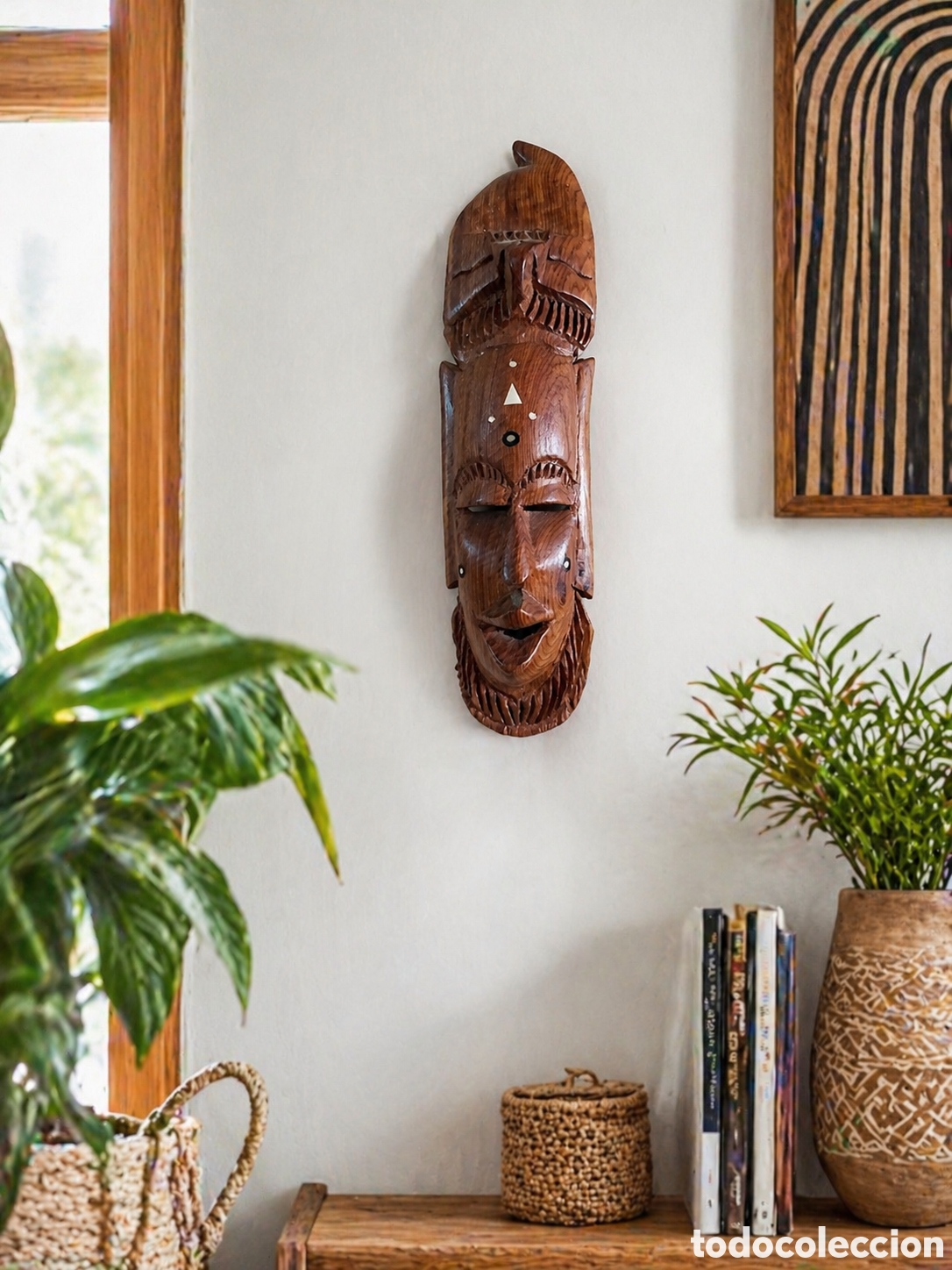 Arte: M&aacute;scara tribal de madera 35 cm con incrustaciones de hueso | Decoraci&oacute;n &eacute;tnica