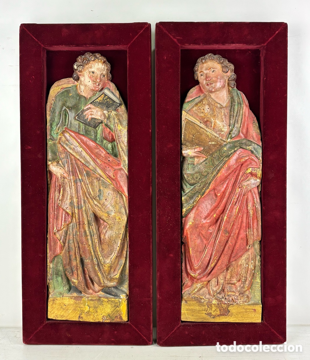 Arte: PAREJA DE RETABLOS DE MADERA &rdquo;EVANGELISTAS&rdquo; ESCUELA ESPA&Ntilde;OLA SIGLO XVII