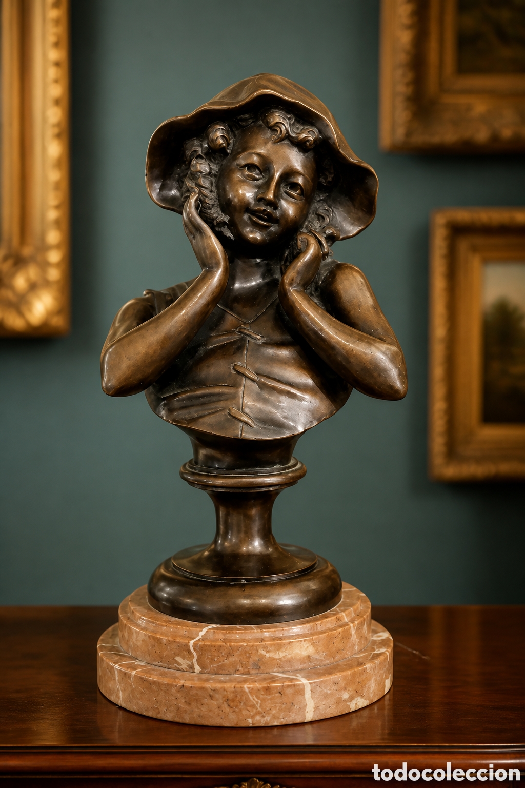 Arte: A. RICHER ESCULTURA BRONCE BUSTO NI&Ntilde;A . ART NOVEAU. CON PEANA DE M&Aacute;RMOL SIGLO XX.