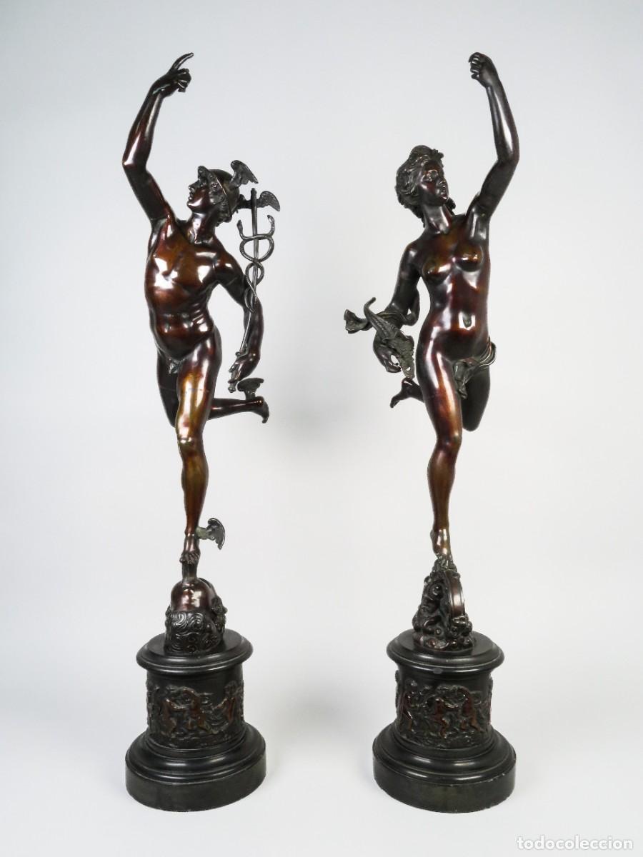 Arte: Pareja de esculturas Grand Tour Mercurio y Fortuna en bronce patinado modelo Giambologna siglo XIX