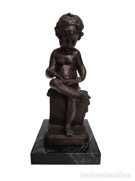 Arte: Escultura Ni&ntilde;o, Putti Sentado Leyendo (L&acute;&eacute;rudition) - Firma Canova - Bronce y base de M&aacute;rmol -S. XIX
