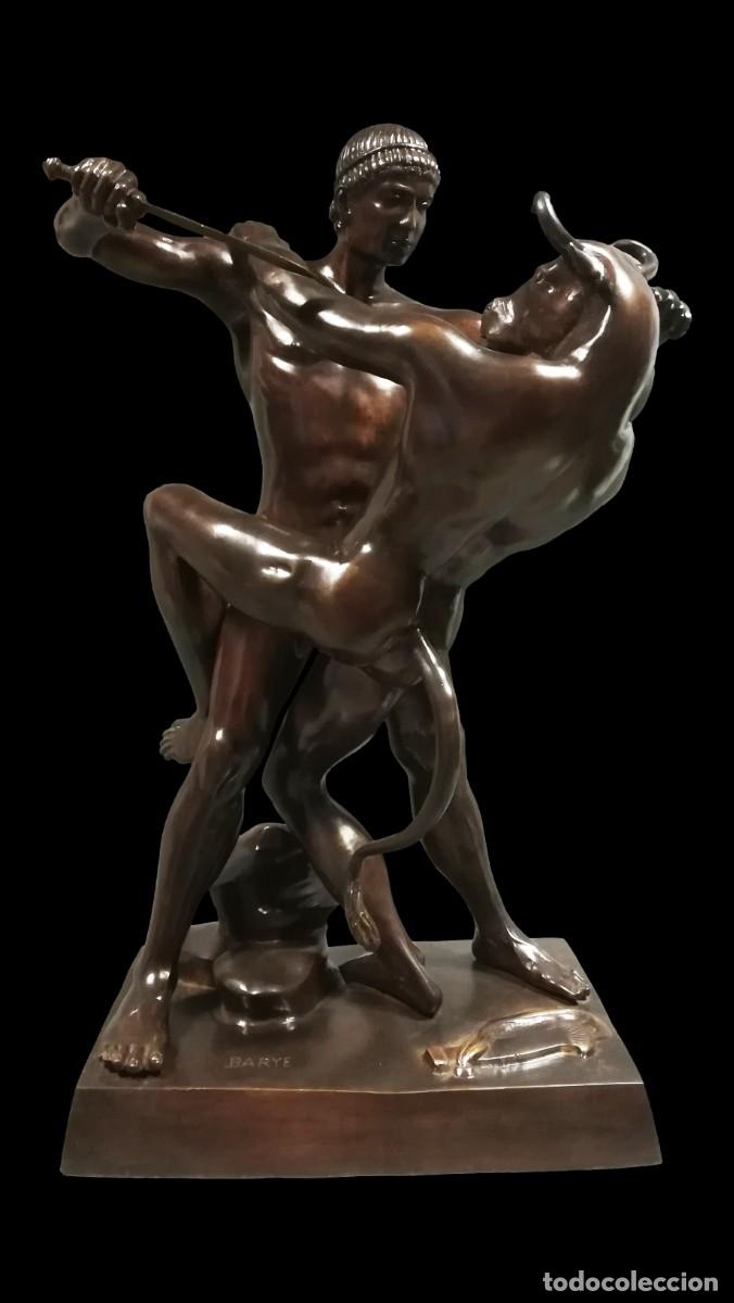 Art: FIGURA BRONCE DEL REY TESEO LUCHANDO CON EL MINOTAURO ESCULTOR BARYE
