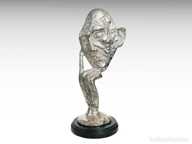 Kunst: Escultura de bronce - Rostro pensativo; niquelada; vintage; mediados de siglo (2059)