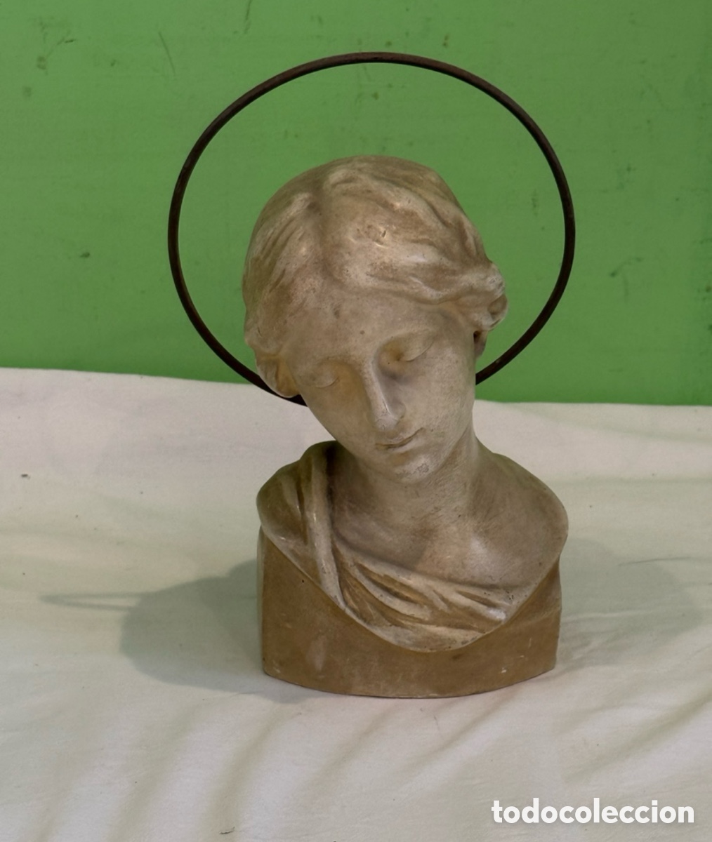 Art: Santa Cecilia busto religioso alabastro escultura firmada iniciales siglo XX enmarcado.