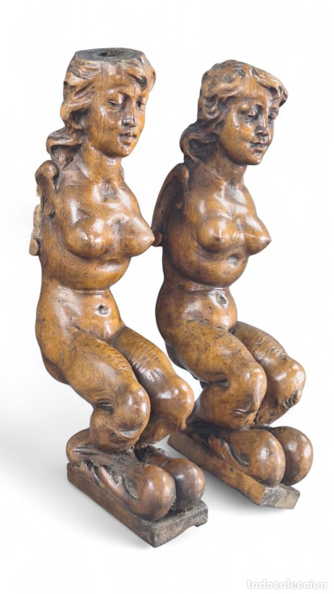 Arte: Nereidas. Tallas de nogal. Antebrazos sill&oacute;n. Italia. &Eacute;poca barroca. Siglo XVII- XVIII.