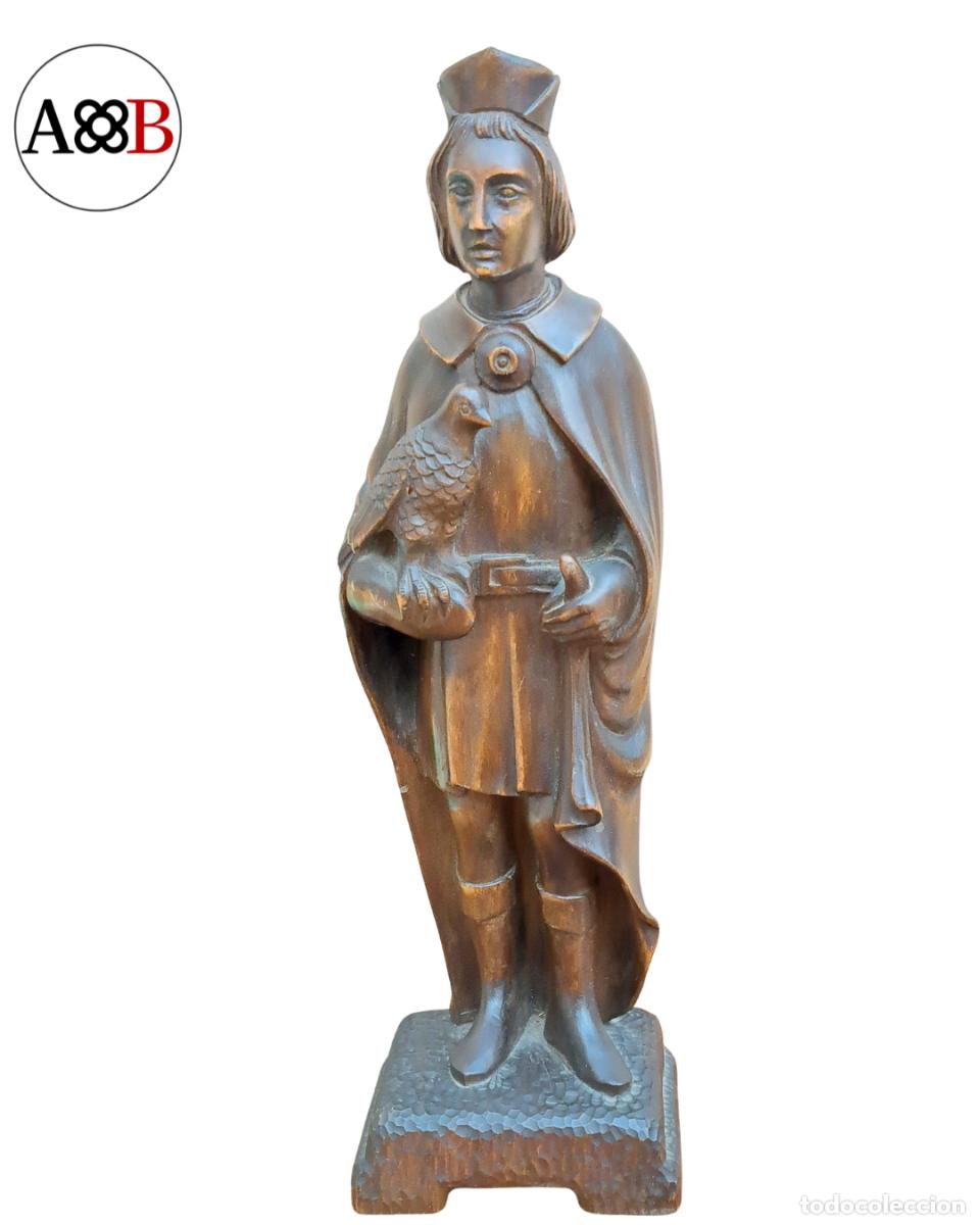 Arte: Antigua Talla Madera Figura Religiosa Santo Peregrino con P&aacute;jaro (38cm) P&aacute;tina Bronce