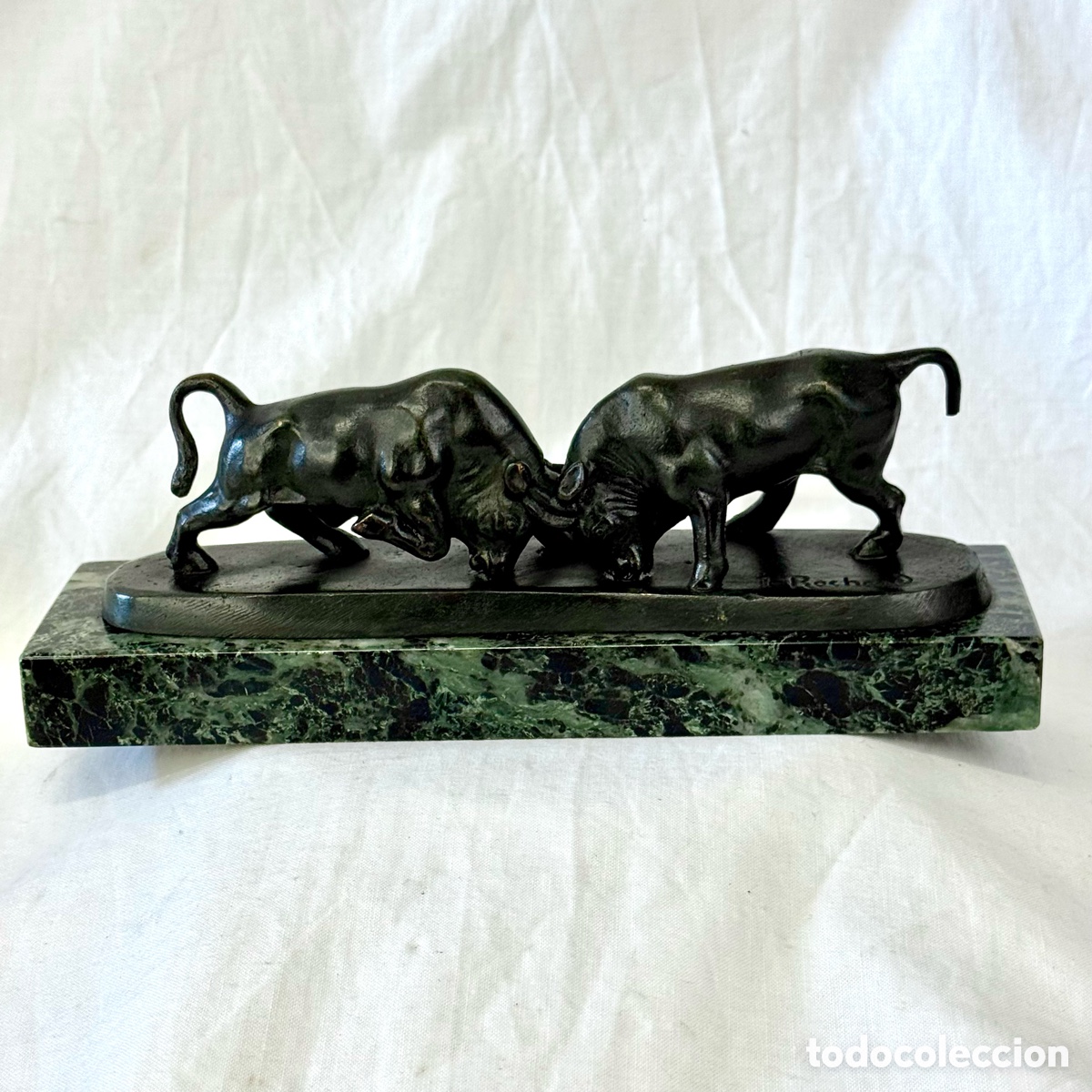 Arte: ESCULTURA BRONCE IRENEE ROCHARD ART DECO FIGURA BISONTES PEANA MARMOL