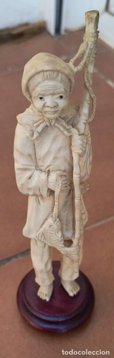 Arte: FIGURA DE MARFIL DE ANCIANO PESCADOR DE HONG KONG - GENUINE IVORY