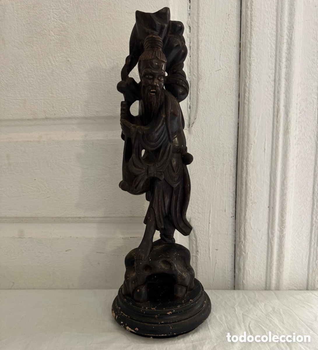 Art: Escultura Oriental China Madera Tallada principios XX Inmortal Tao&iacute;sta 50 cm
