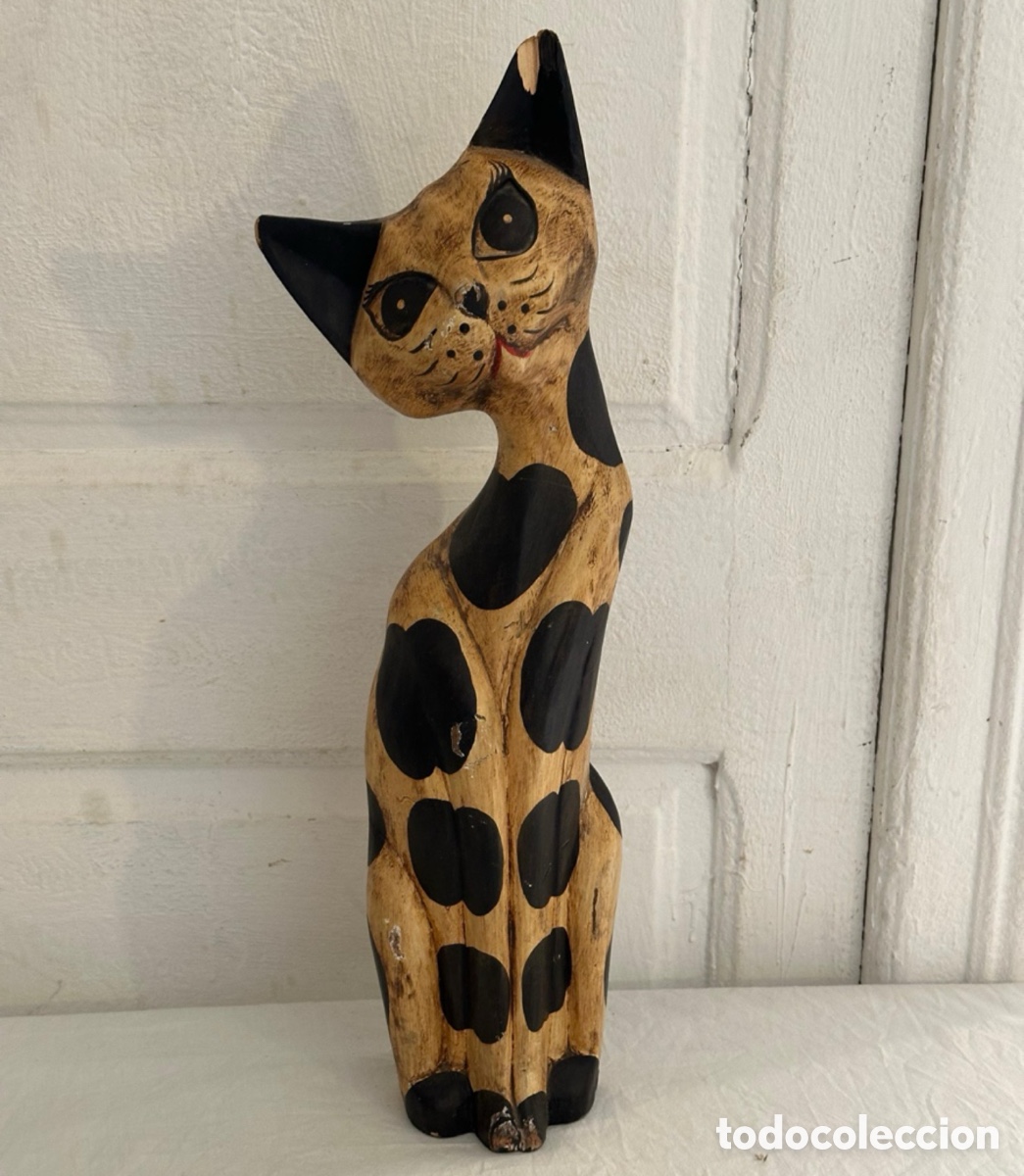 Art: Gato Oriental Madera Tallada A&ntilde;os 70 90 Figura Artesanal Decorativa Hecha a Mano