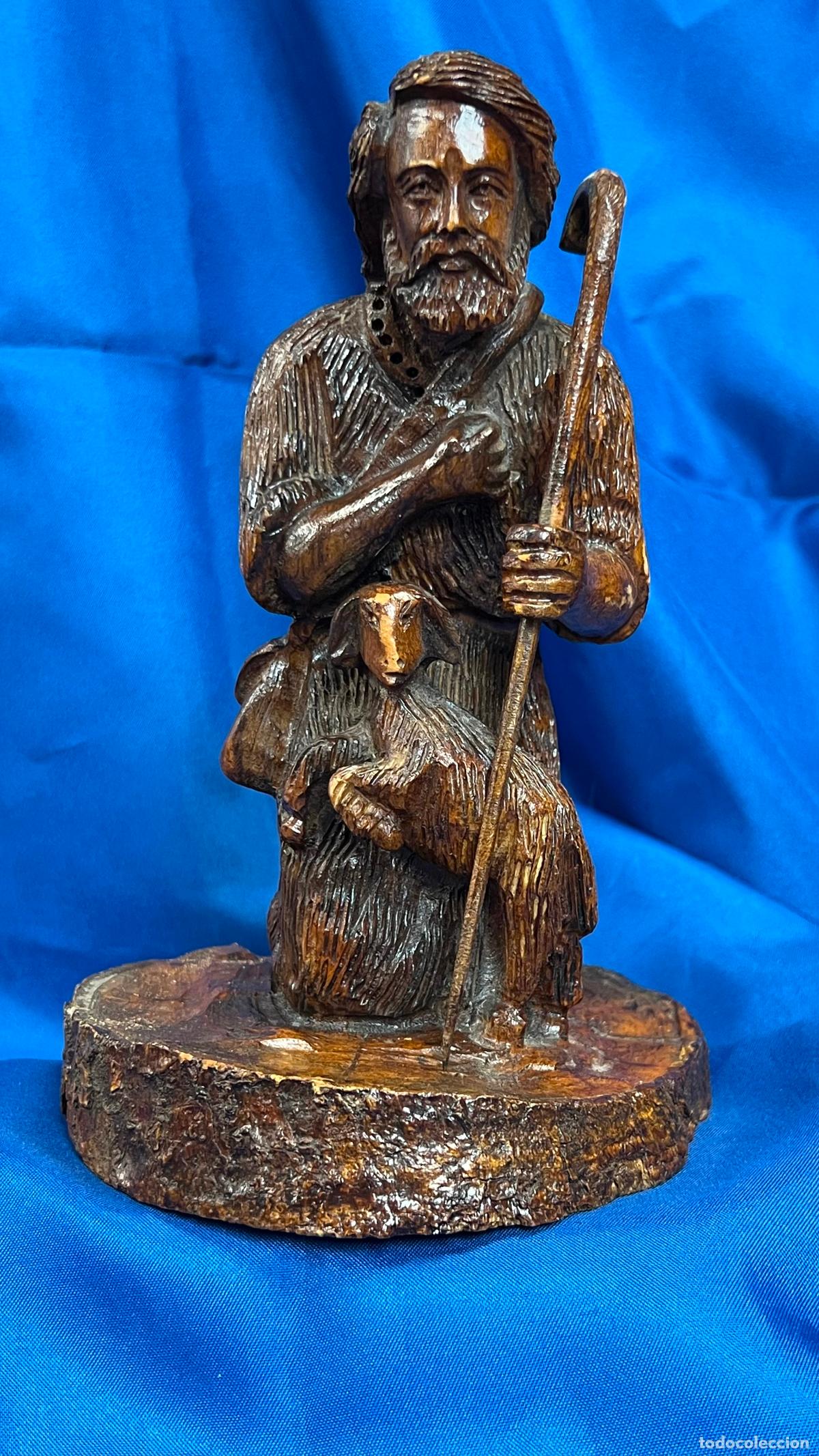 Arte: Antigua Figura de Pastor con Oveja y Cayado en Madera Tallada. Escultura R&uacute;stica Vintage