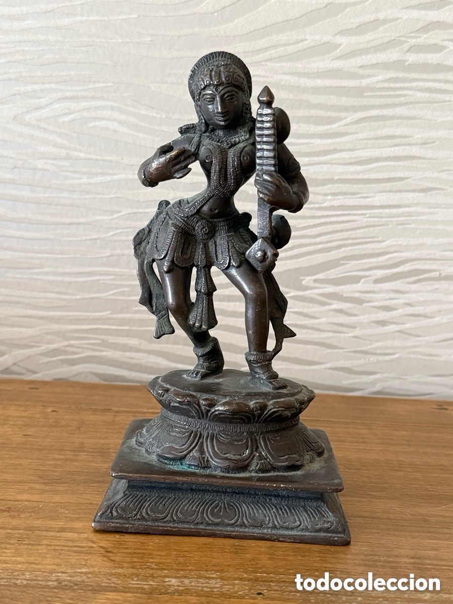 Arte: Escultura Bronce. DIOSA HIND&Uacute;. SARASWATI ? Siglo XIX