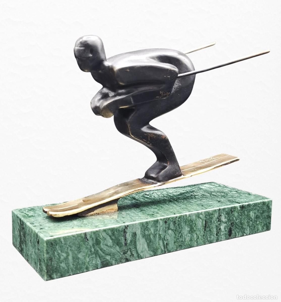 Arte: + FIGURA EN BRONCE Y BRONCE DORADO DE ESQUIADOR ESTILO ART DECO - FIRMADA