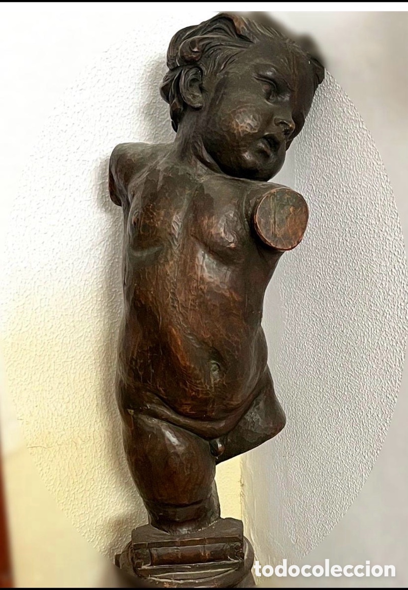 Arte: Antigua talla escult&oacute;rica en madera &ndash; Figura infantil / querub&iacute;n &ndash; Gran fuerza decorativa