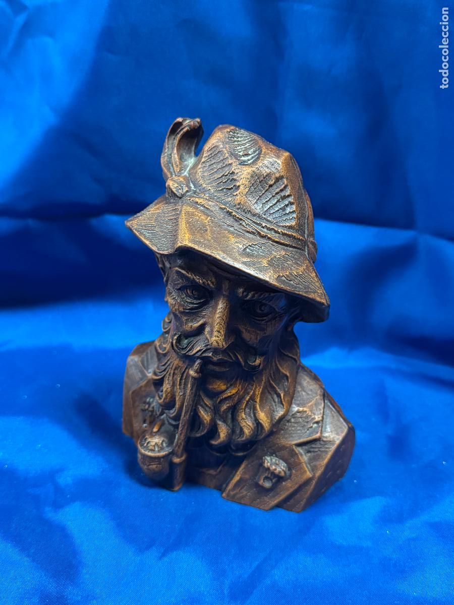 Kunst: BUSTO DE CAZADOR / PAISANO TIROL&Eacute;S FUMANDO EN PIPA - ESCULTURA EN MADERA TALLADA - ESTILO ALPI