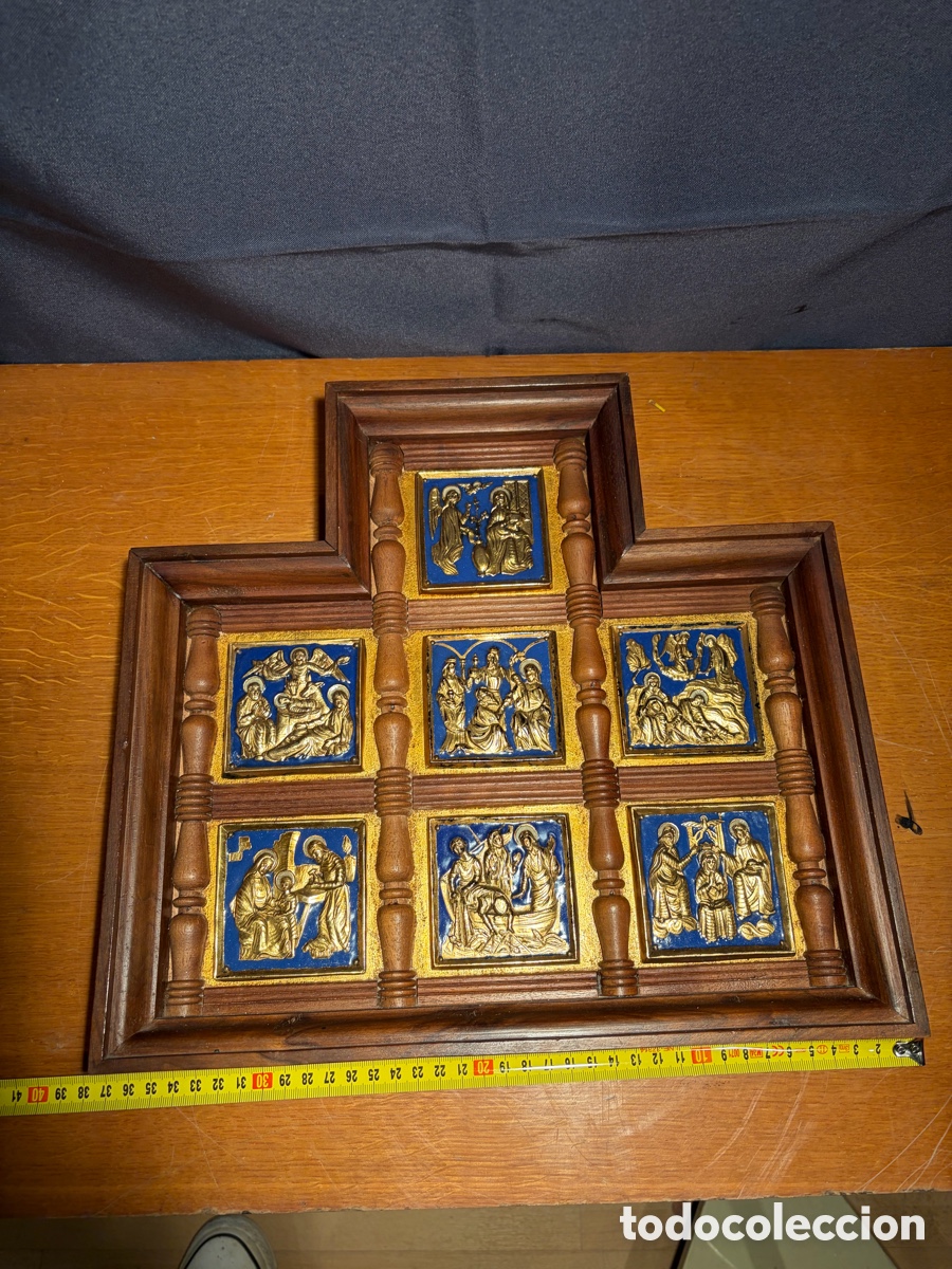 Kunst: Placas enmarcadas de bronce y esmalte Modest Morat&oacute; siglo XX, vida de Jesus.