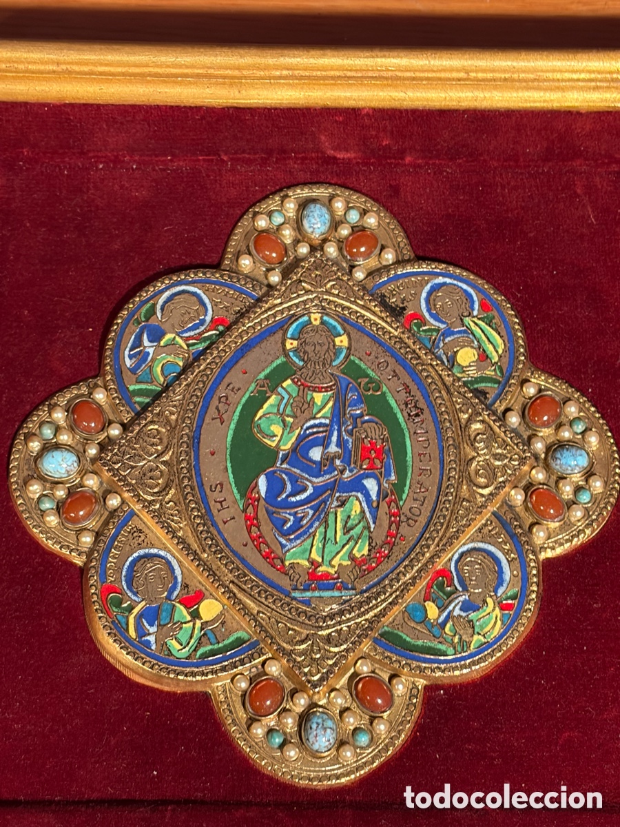 Arte: Placa enmarcada de bronce y esmalte Modest Morat&oacute; siglo XX, escena religiosa.