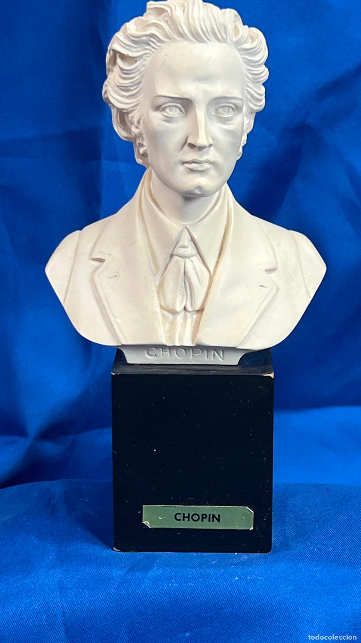 Arte: INTERESANTE BUSTO VINTAGE DEL COMPOSITOR FR&Eacute;D&Eacute;RIC CHOPIN SOBRE PEDESTAL - ACABADO TIPO ALABASTRO O M