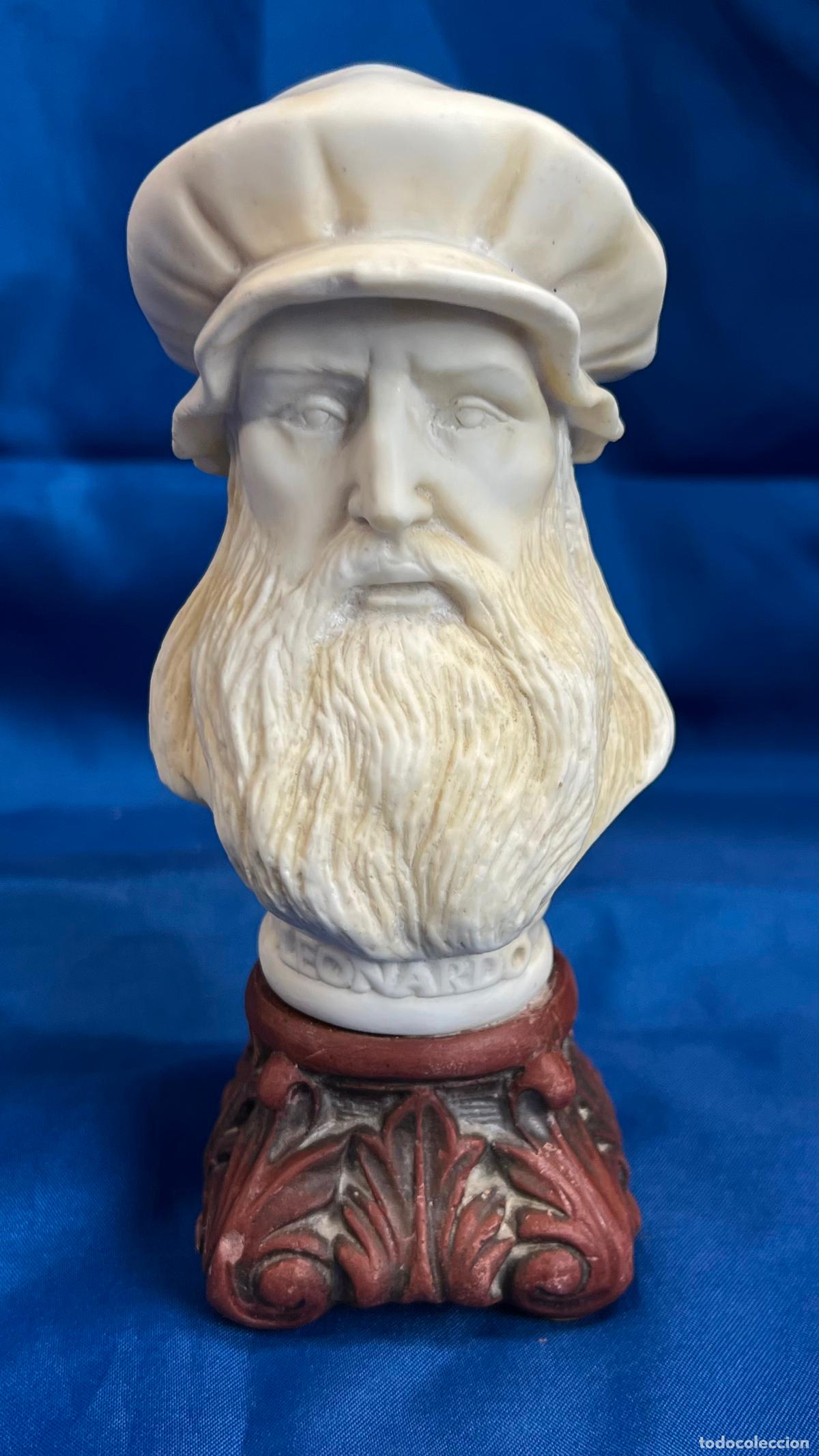 Arte: ELEGANTE BUSTO EN MINIATURA DE LEONARDO DA VINCI - ALABASTRO MOLDEADO / RESINA CON ACABADO MARM&Oacute;REO