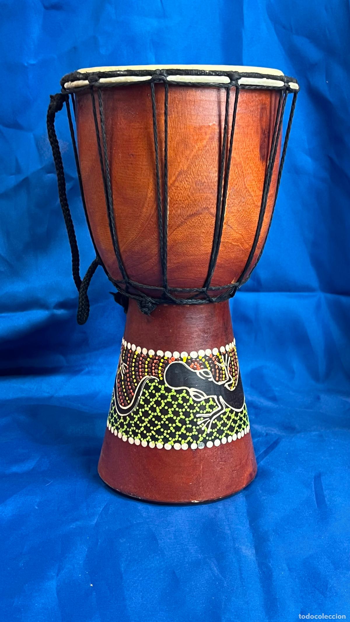 Arte: EX&Oacute;TICO TAMBOR DJEMBE (YEMB&Eacute;) DE MADERA ARTESANAL - DECORACI&Oacute;N &Eacute;TNICA PUNTILLISTA (ESTILO ABOR&Iacute;GEN /