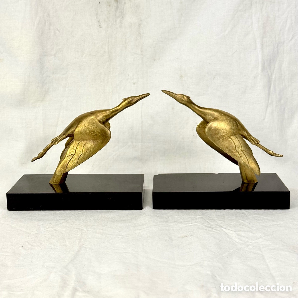 Arte: ANTIGUA PAREJA ART DECO SUJETALIBROS BRONCE MARMOL FIGURA CIGUE&Ntilde;A GEORGES GARREAU