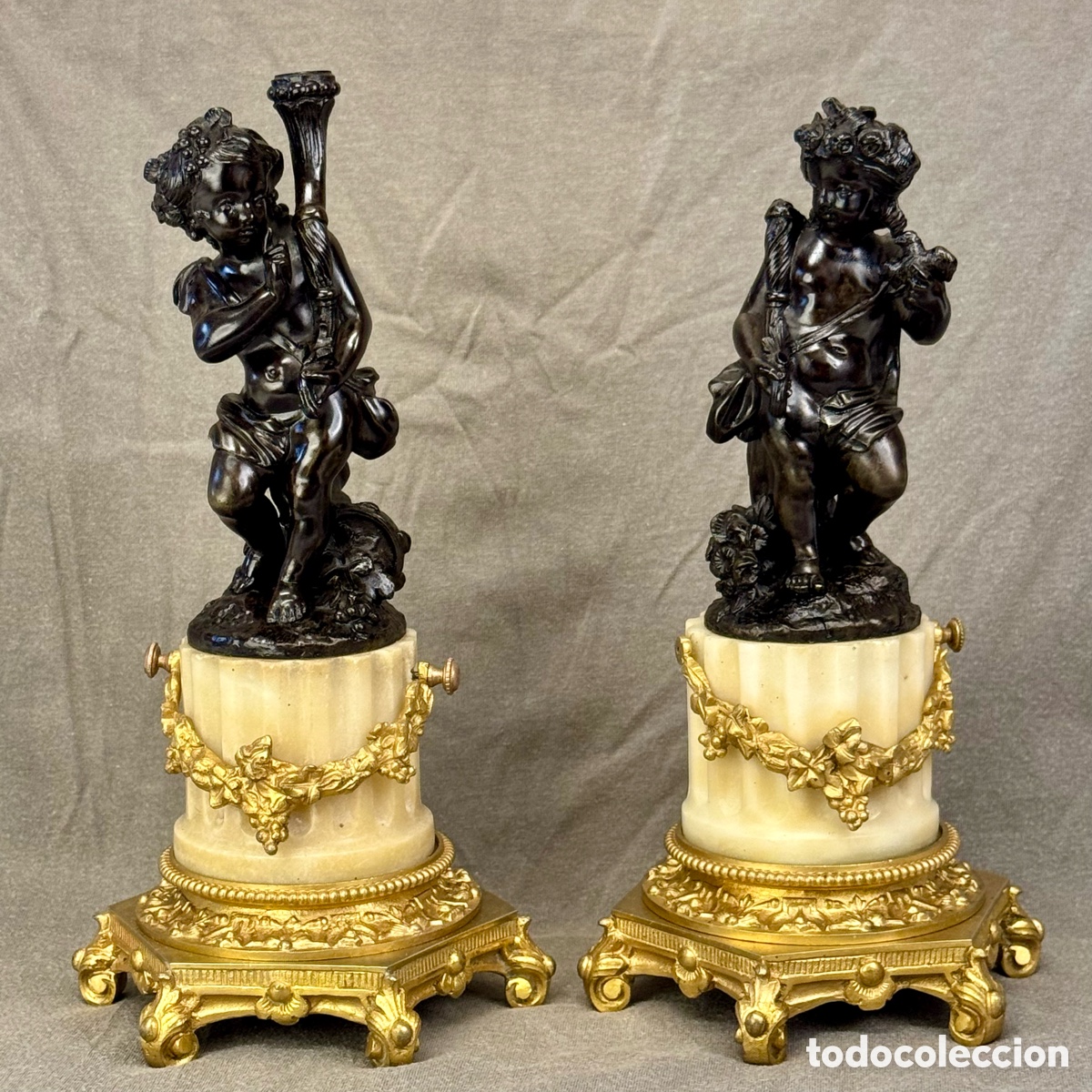 Arte: ANTIGUA PAREJA QUERUBIN BRONCE PATINADO PEANA MARMOL FRANCIA F. S. XIX GUARNICION NI&Ntilde;O ANGEL