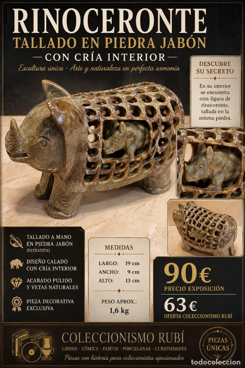 Arte: RINOCERONTE Y SU CR&Iacute;A | TALLADO EN PIEDRA JAB&Oacute;N | ESCULTURA CON CR&Iacute;A INTERIOR | 19 CM