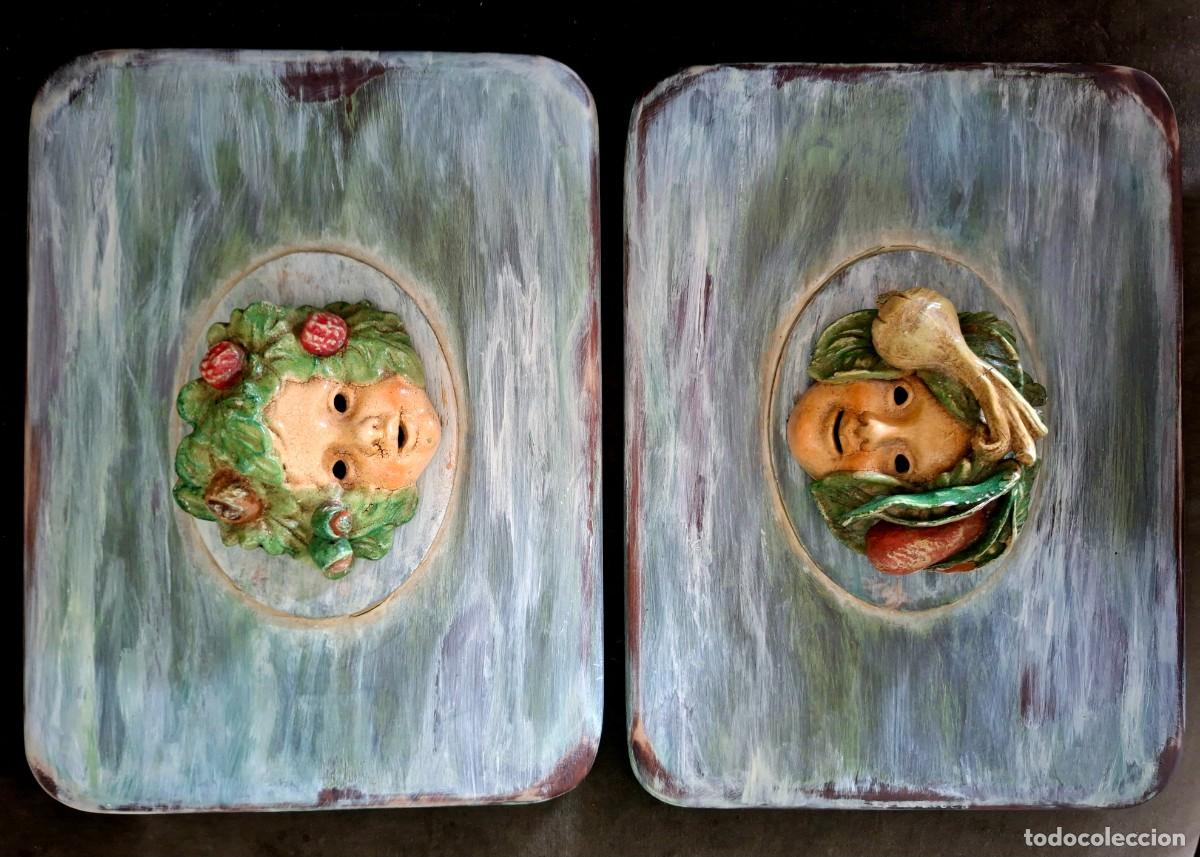Arte: Pareja M&aacute;scaras Italianas Baco Terracota Esmaltada Toscana&ndash;Cuadros Decora Vintage Policromado a Mano