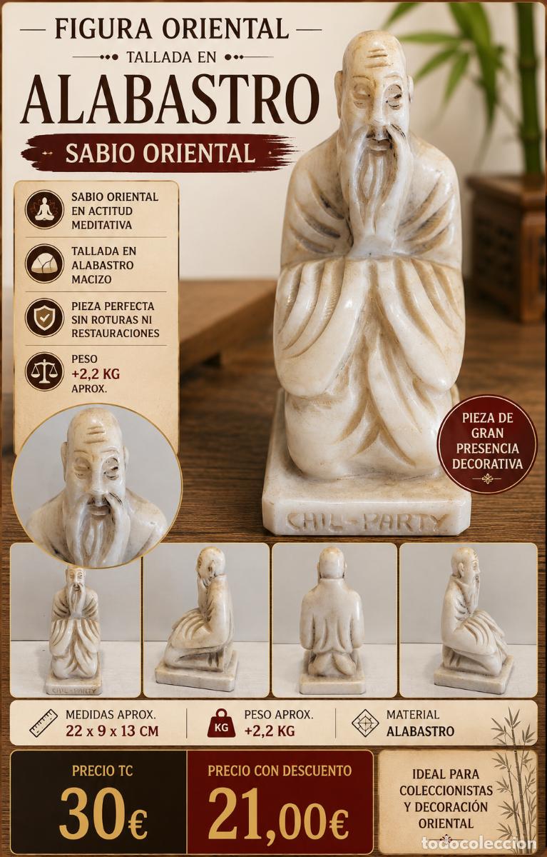 Arte: FIGURA ORIENTAL TALLADA EN ALABASTRO | SABIO ORIENTAL | 22 CM | 2,2 KG