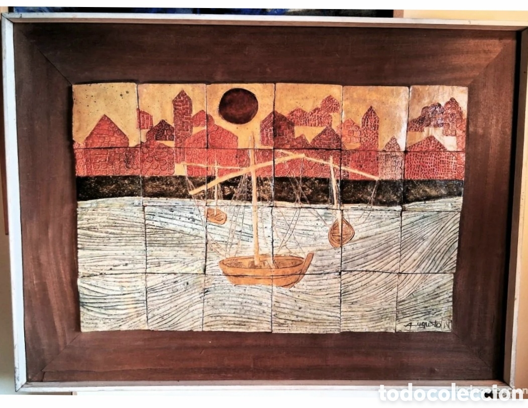 Arte: ESCUELA ESPA&Ntilde;OLA &rdquo;BARCAS&rdquo; FIRMADO AUGUSTO PANEL DE AZULEJOS (46.5 x 73) 70 x 95 (A&Ntilde;OS 70)