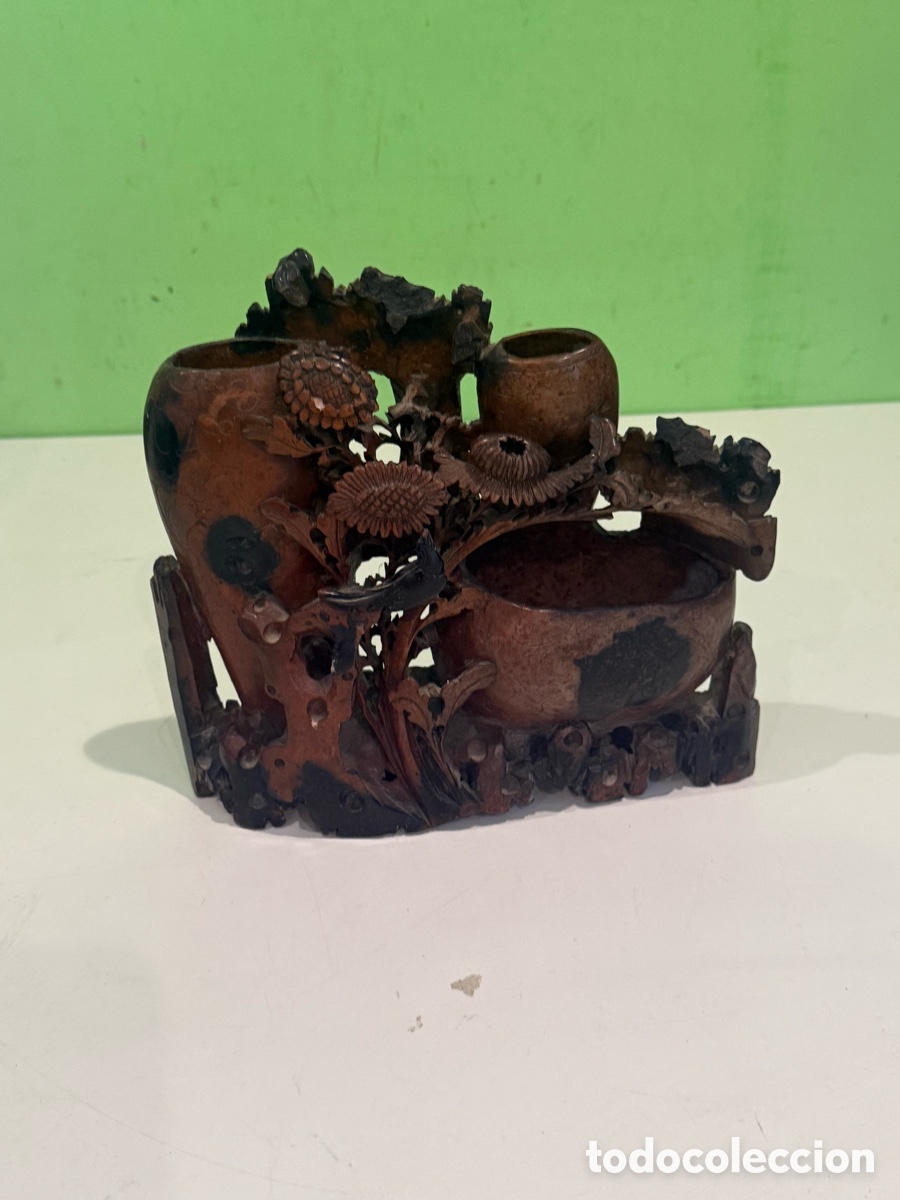 Arte: Triple florero chino en piedra jab&oacute;n tallada a mano principios siglo XX