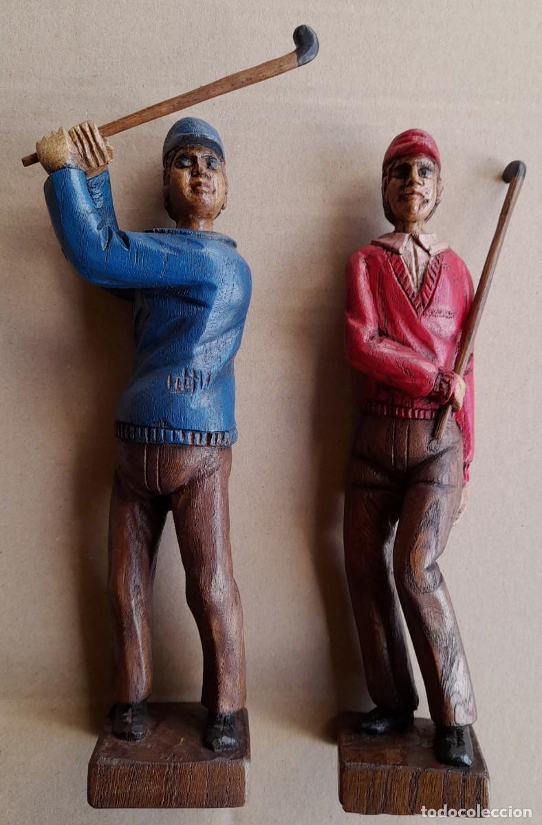 Arte: Pareja golfistas madera tallada 1972