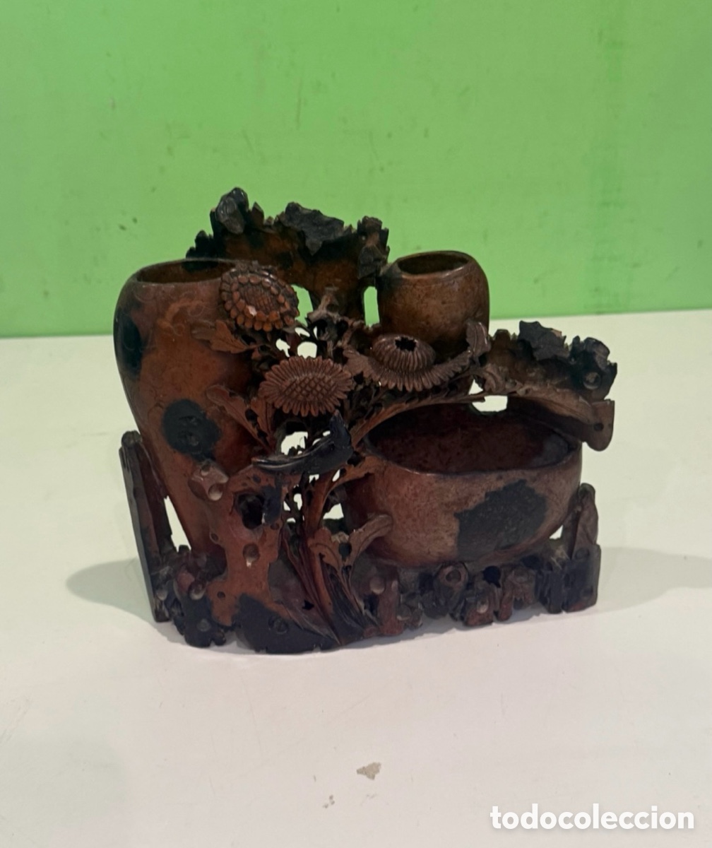 Arte: Triple florero chino en piedra jab&oacute;n tallada a mano principios siglo XX