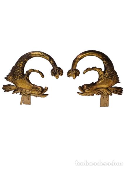 Arte: Pareja de Delfines Mitol&oacute;gicos Imperio, Fernando VII - Talla de Madera - Dorado en Pan de Oro